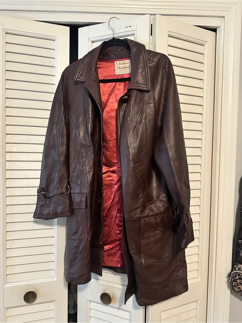 1970's Vintage Women's Brown Leather Trench Coat with Red Satin Lining
